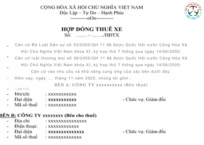 hợp đồng cho thuê xe du lịch