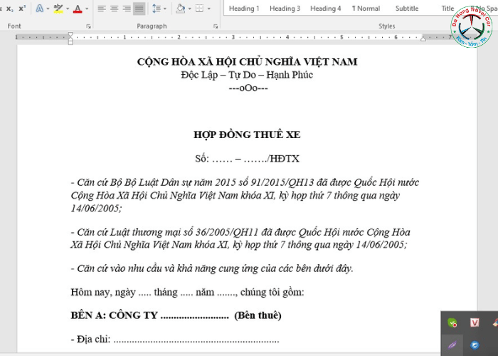 Hợp đồng cho thuê xe du lịch 45 chỗ